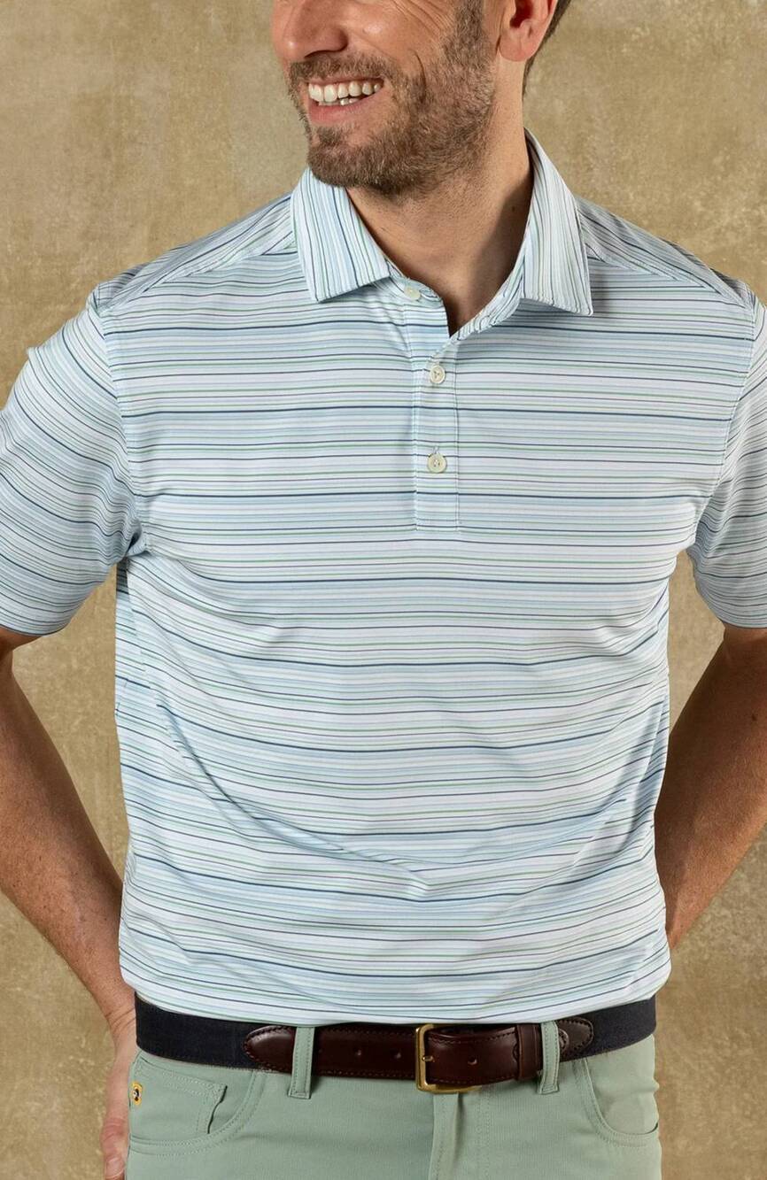 NEW DUCK HEAD neil stripe long drive performance polo in serenity blue